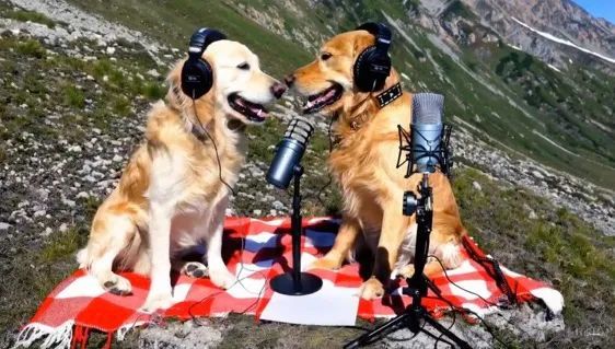 Sora根据“两只金毛犬在山顶上录制播客”生成的视频 图源：视频截图